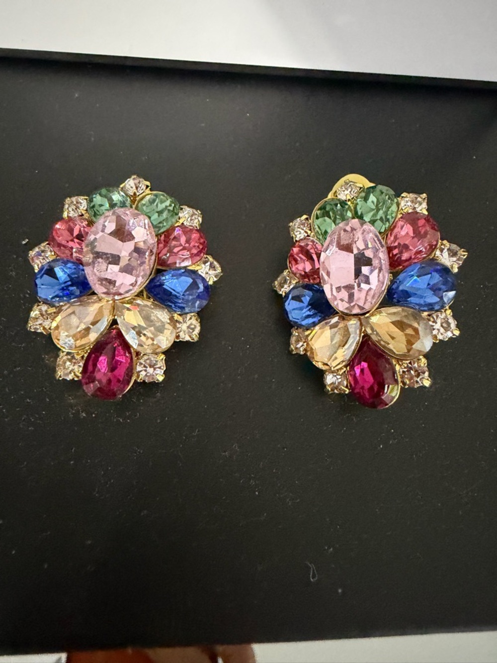 Multicolor Crystal Cluster Clip-On Earrings - Gold Tone